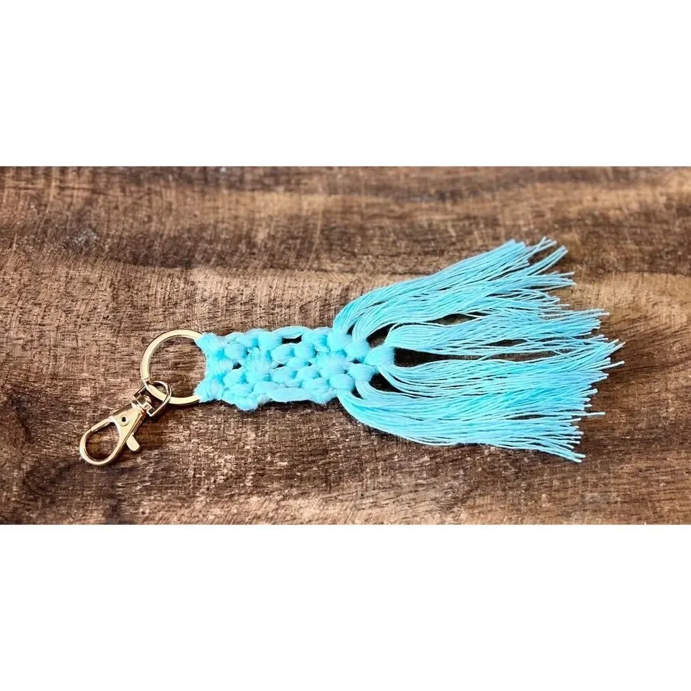 Teal Macrame Tassel Keychain Boho Bag Charm Purse Clip Handmade NWT